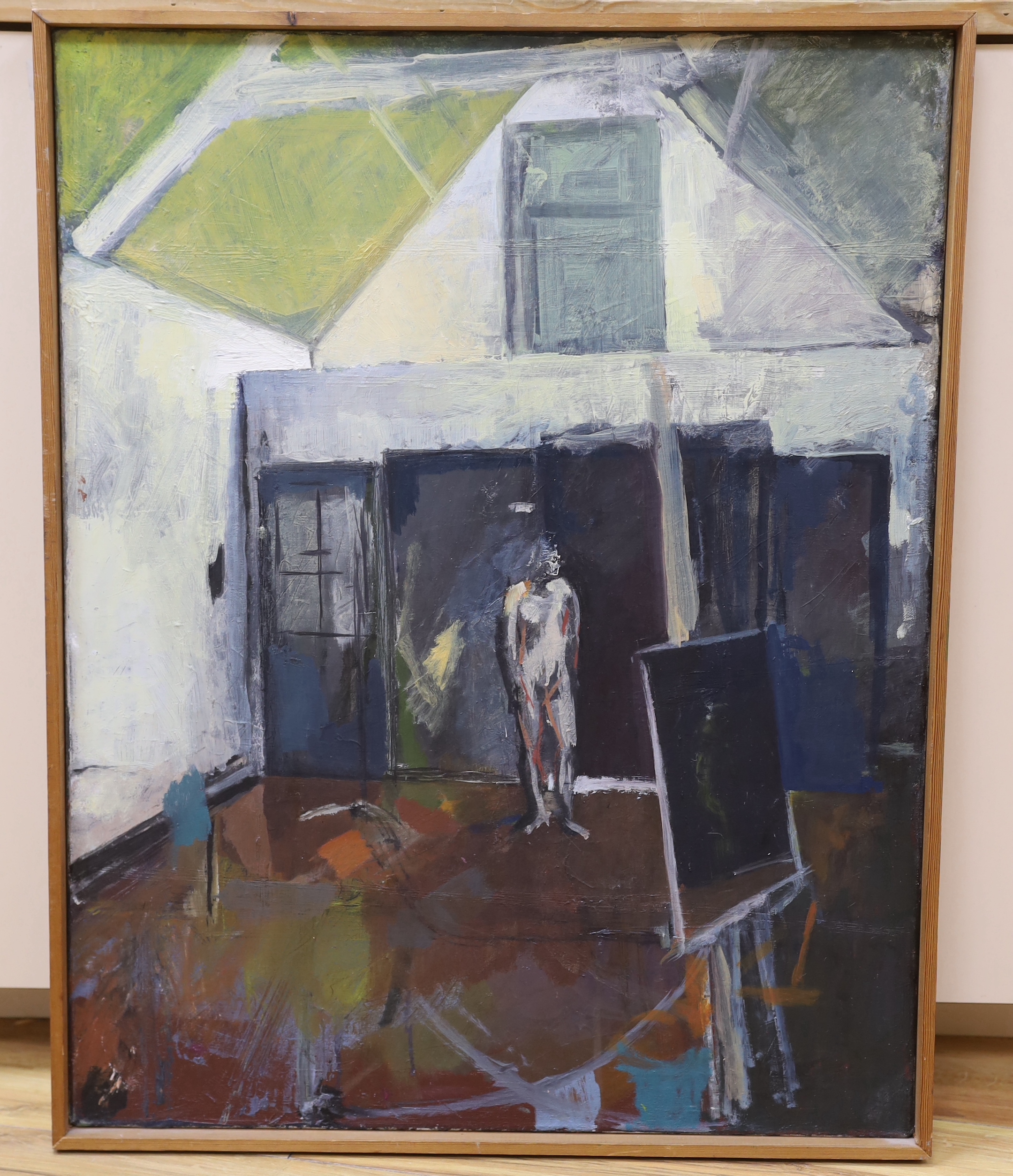 Alasdair Duncan (b.1971), abstract oil on canvas, Standing figure, The Annexe Gallery inscribed label verso, 72 x 56cm